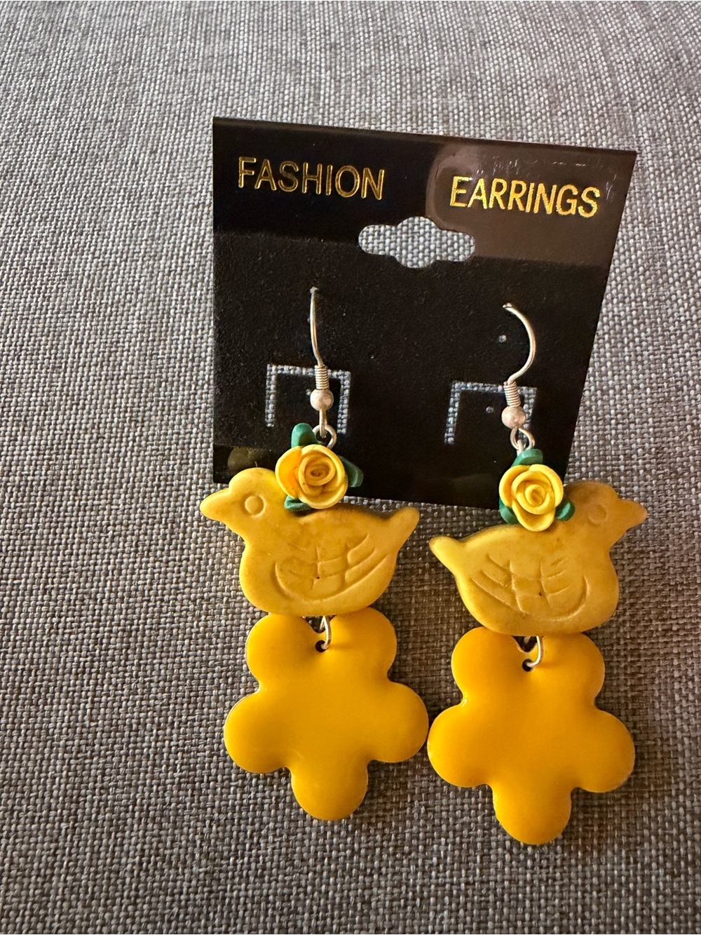 Yellow Bird & Flower Drop Earrings
